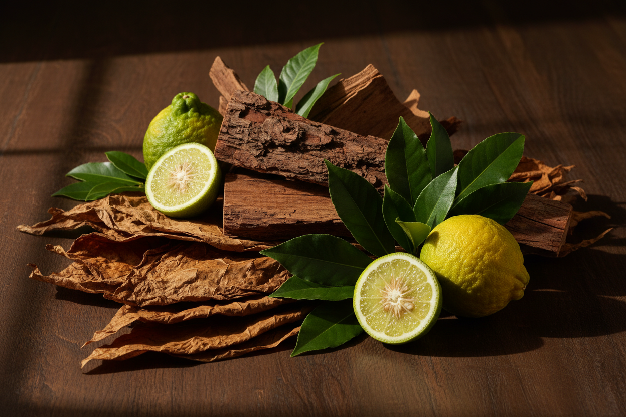 tobacco, bay leaf, cedarwood,  bergamot 