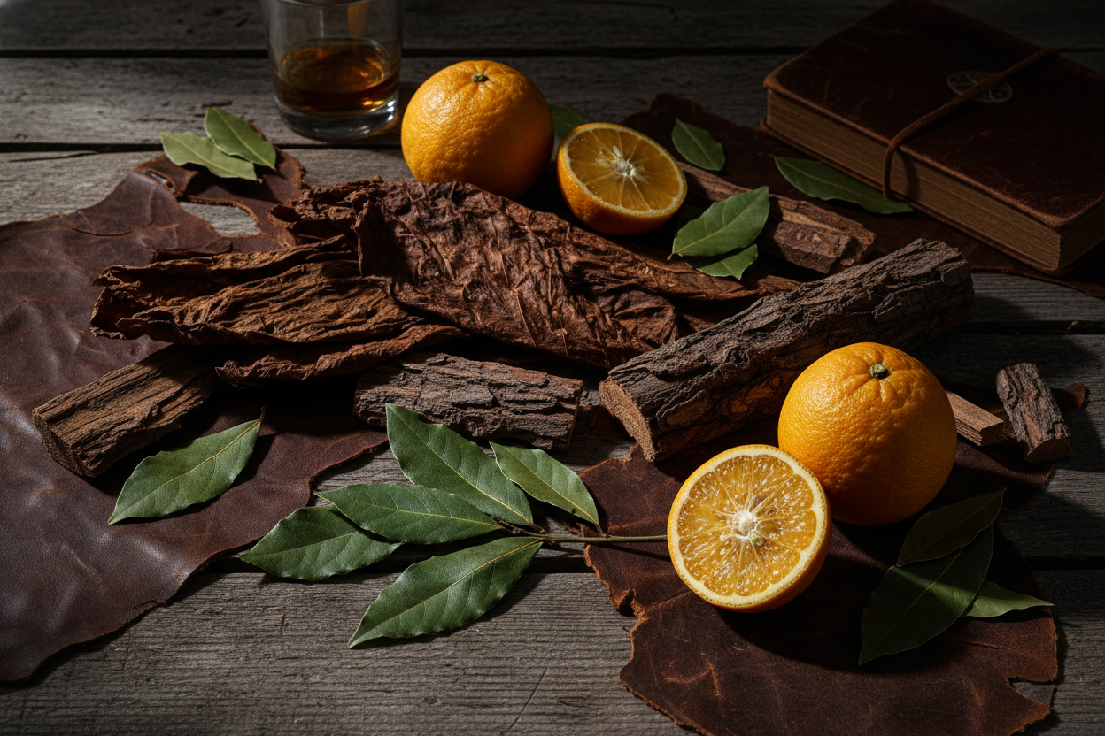 tobacco, bay leaves, cedarwood, and bergamot background. with a manly twist